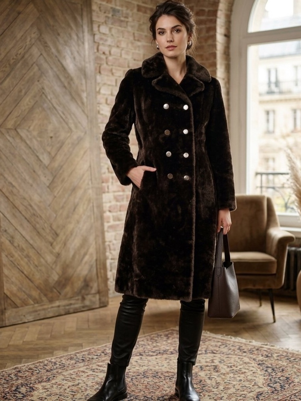 VTG ‘90s Double-Breasted Faux Fur Long Coat Dark Brown S Timeless Mob’s Wife